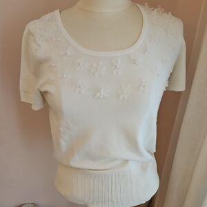 White Floral Pearl Knit Top